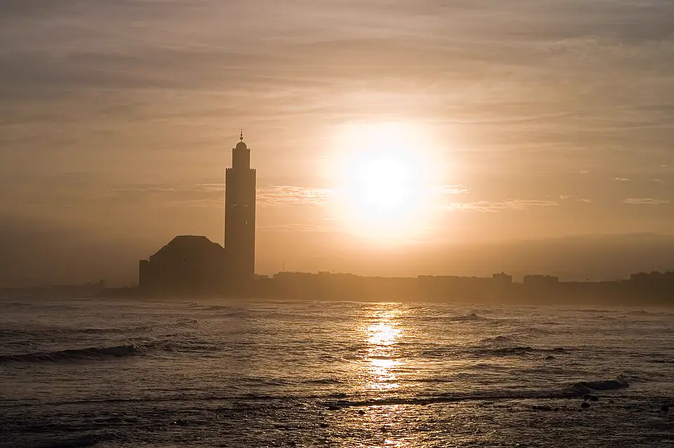 The Hassan II Mosque at sunset